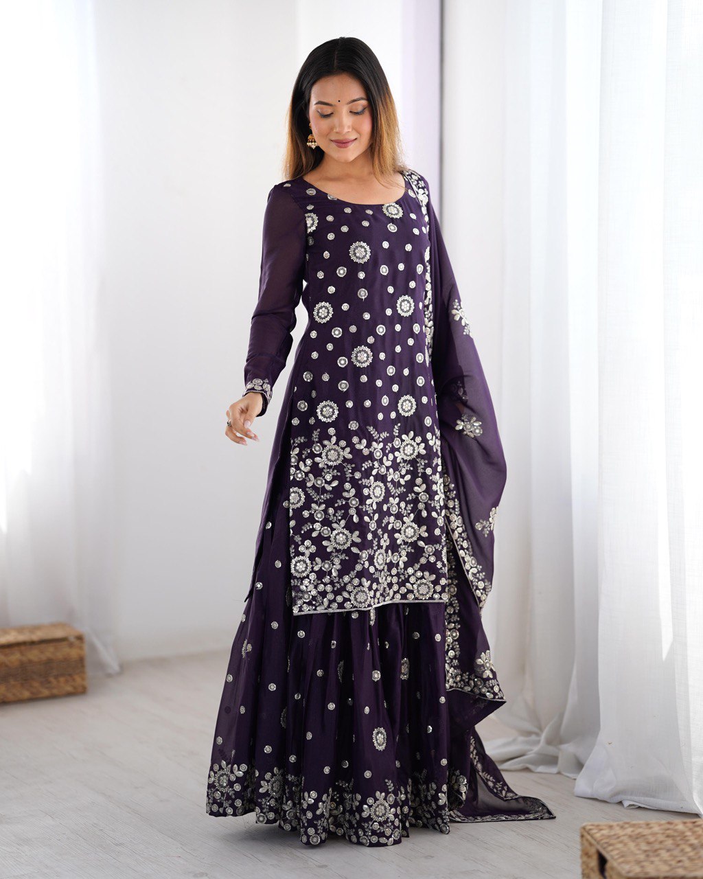 Elegant Star Georgette Sharara Suit with Front and Back Thread Sequin Work and Dupatta - Jaipuri Vastra
