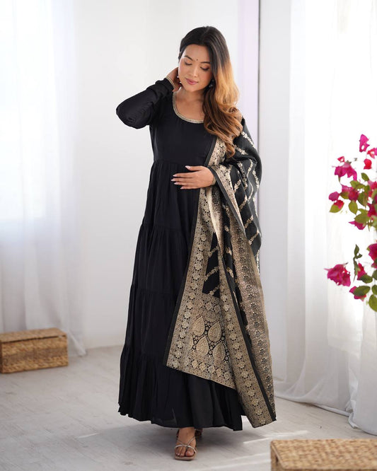 Pure Chanderi Anarkali Suit in Roman Silk with Flare, Paired with Dupatta and Bottoms - Jaipuri Vastra