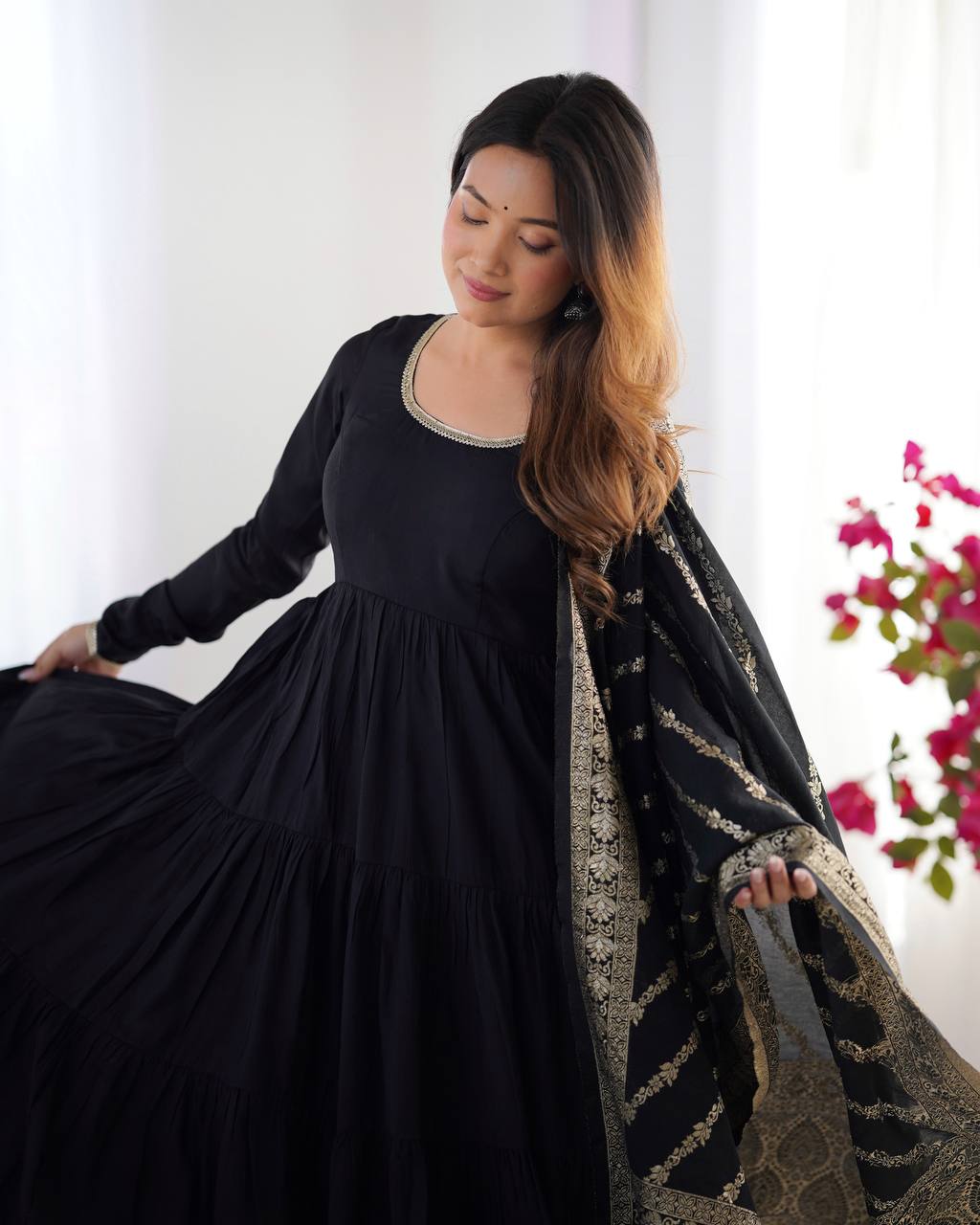 Pure Chanderi Anarkali Suit in Roman Silk with Flare, Paired with Dupatta and Bottoms - Jaipuri Vastra