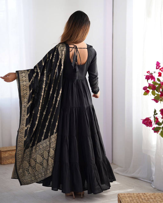 Pure Chanderi Anarkali Suit in Roman Silk with Flare, Paired with Dupatta and Bottoms - Jaipuri Vastra