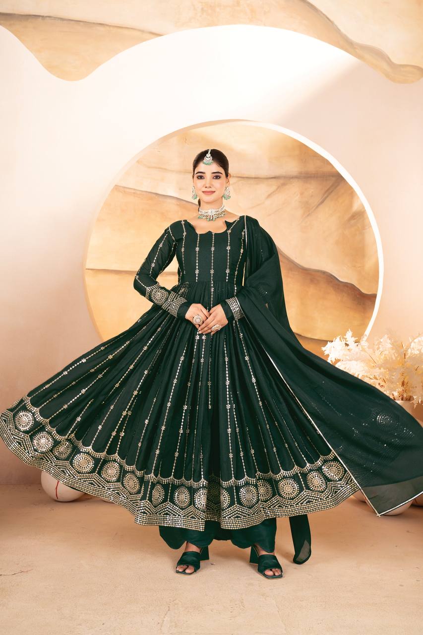 Designer Star Georgette Anarkali Suit Set with Embroidered Dupatta and Micro Cotton Pants - Jaipuri Vastra
