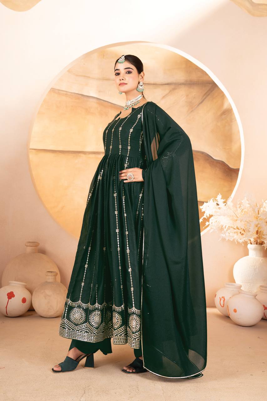 Designer Star Georgette Anarkali Suit Set with Embroidered Dupatta and Micro Cotton Pants - Jaipuri Vastra
