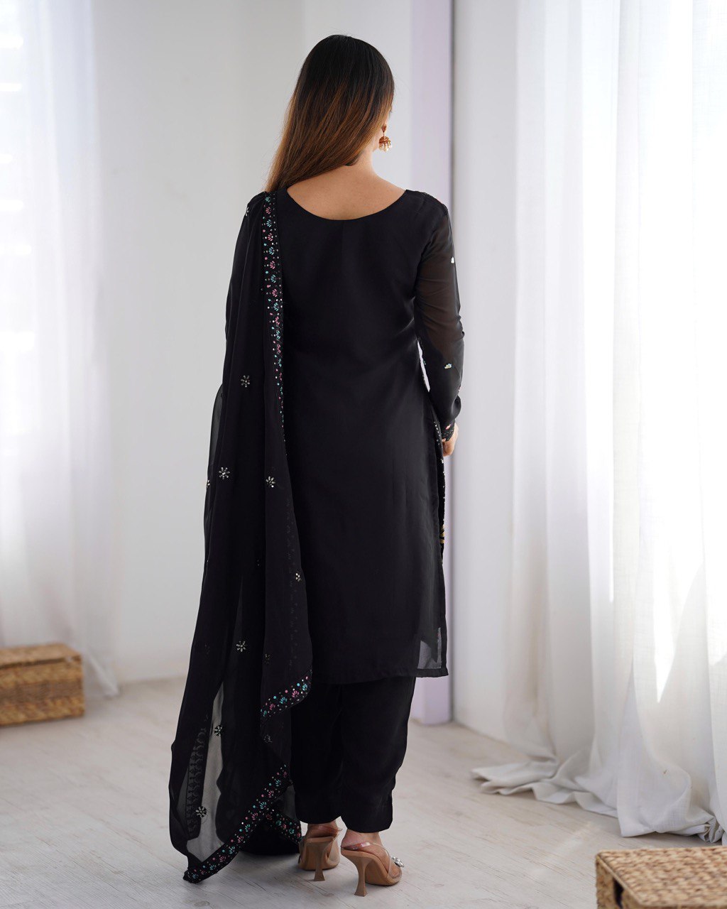 Premium Faux Georgette Top and Pant Set with Thread and Mirror Embroidery with Dupatta - Jaipuri Vastra
