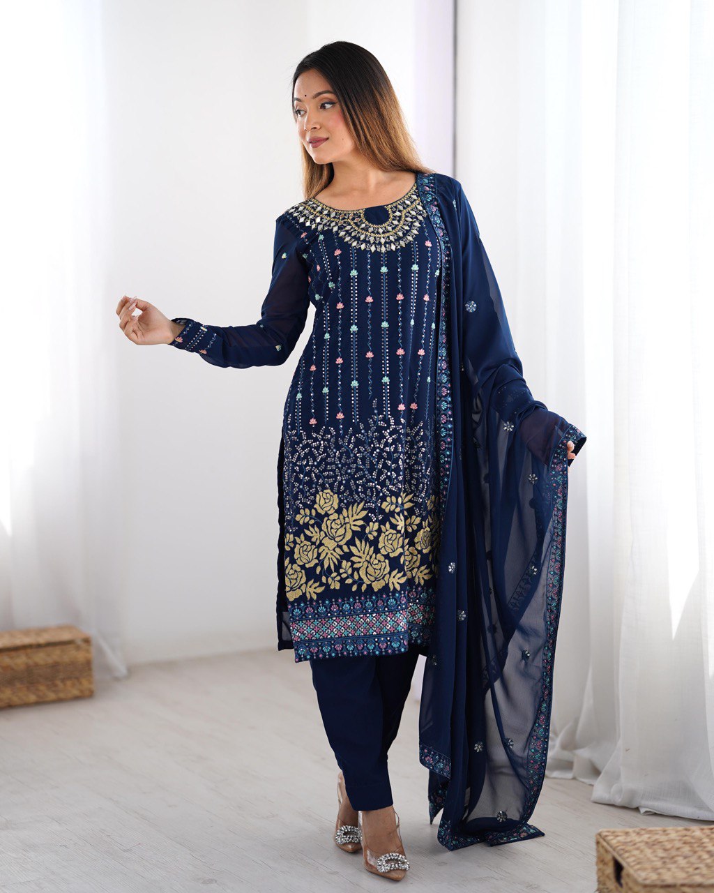 Premium Faux Georgette Top and Pant Set with Thread and Mirror Embroidery with Dupatta - Jaipuri Vastra