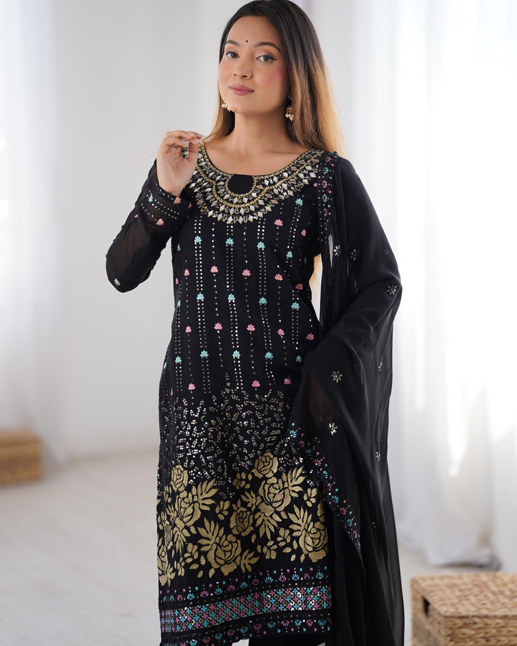 Premium Faux Georgette Top and Pant Set with Thread and Mirror Embroidery with Dupatta - Jaipuri Vastra