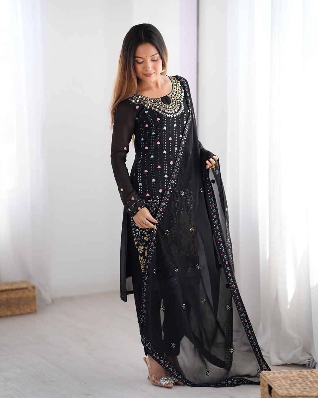 Premium Faux Georgette Top and Pant Set with Thread and Mirror Embroidery with Dupatta - Jaipuri Vastra