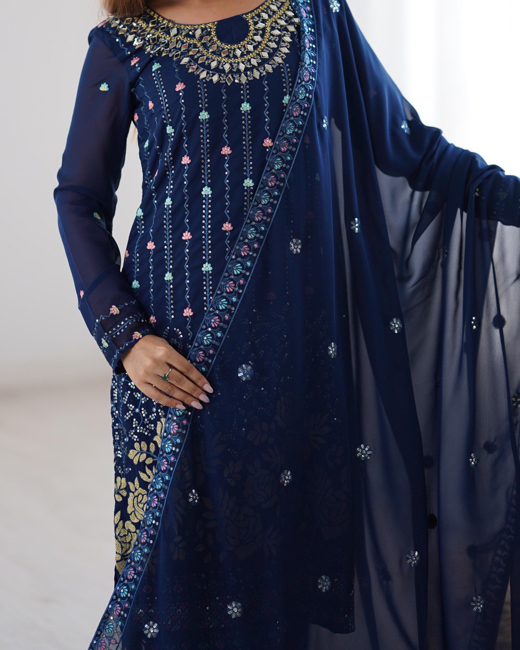 Premium Faux Georgette Top and Pant Set with Thread and Mirror Embroidery with Dupatta - Jaipuri Vastra