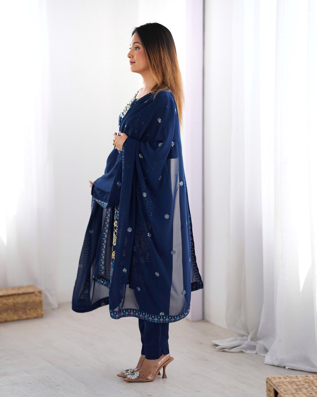 Premium Faux Georgette Top and Pant Set with Thread and Mirror Embroidery with Dupatta - Jaipuri Vastra