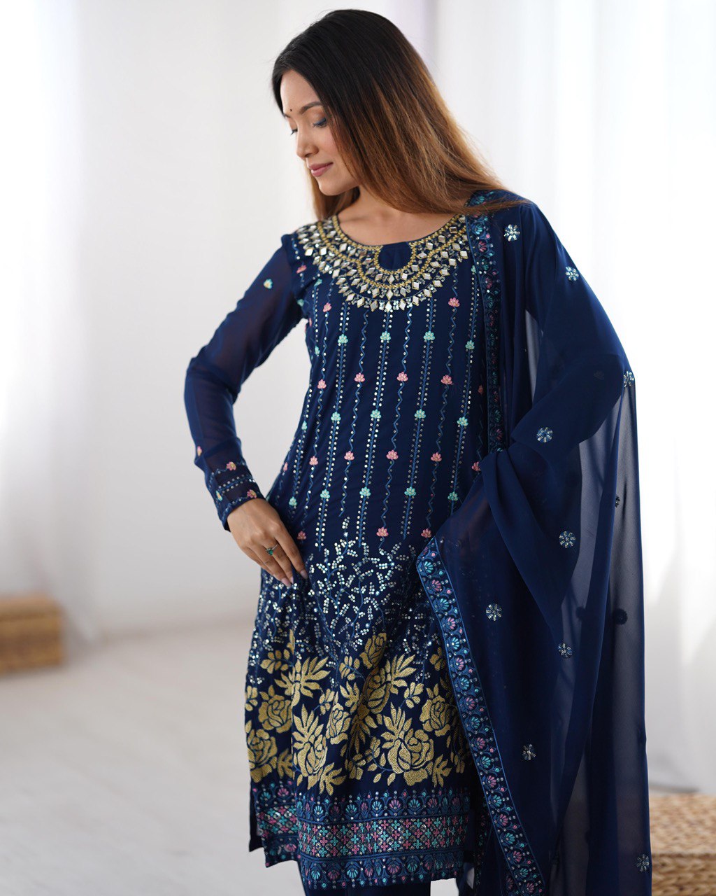Premium Faux Georgette Top and Pant Set with Thread and Mirror Embroidery with Dupatta - Jaipuri Vastra