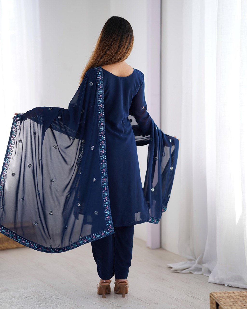 Premium Faux Georgette Top and Pant Set with Thread and Mirror Embroidery with Dupatta - Jaipuri Vastra