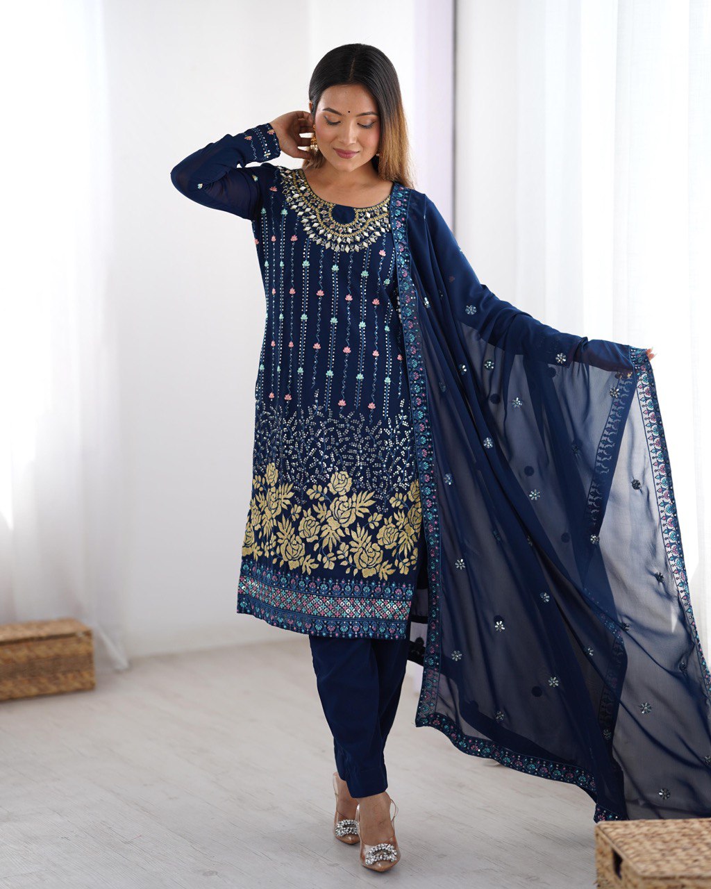 Premium Faux Georgette Top and Pant Set with Thread and Mirror Embroidery with Dupatta - Jaipuri Vastra