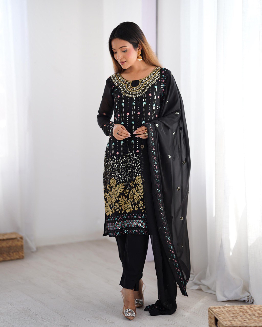 Premium Faux Georgette Top and Pant Set with Thread and Mirror Embroidery with Dupatta - Jaipuri Vastra
