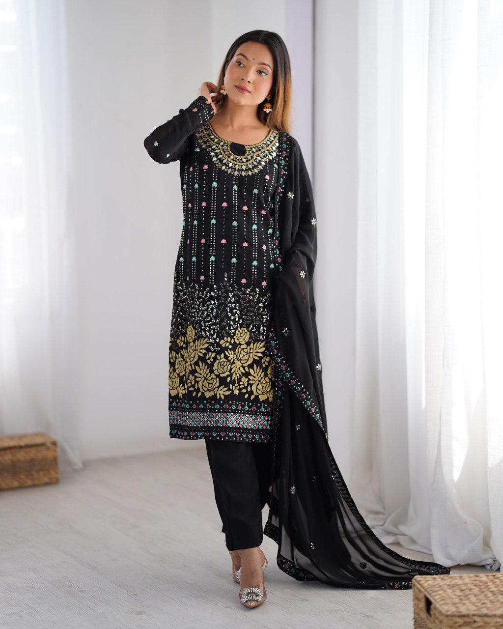 Premium Faux Georgette Top and Pant Set with Thread and Mirror Embroidery with Dupatta - Jaipuri Vastra