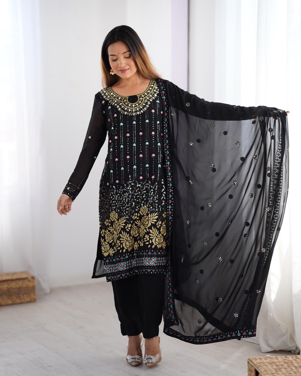 Premium Faux Georgette Top and Pant Set with Thread and Mirror Embroidery with Dupatta - Jaipuri Vastra