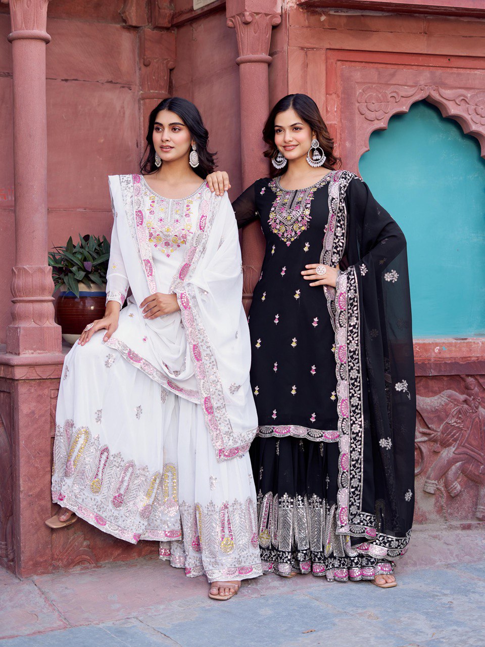 Designer Faux Georgette Thread and Sequin Work Top with Sharara and Dupatta - Jaipuri Vastra