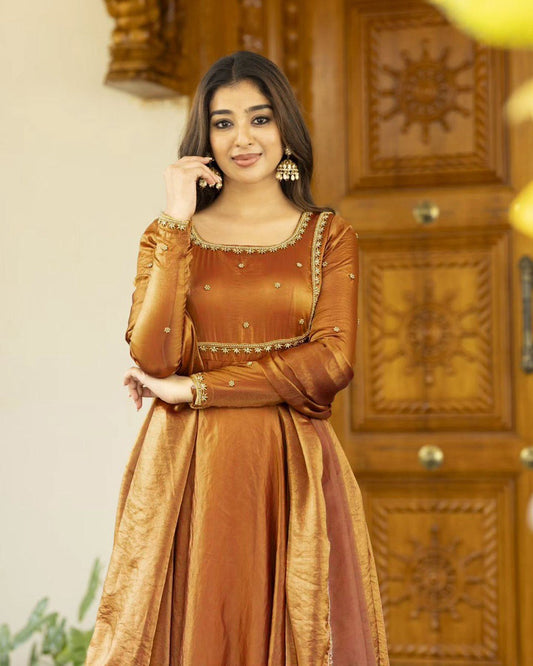 Elegant Evening Look in Brown Fendi Silk Gown with Lightweight Dupatta Accent - Jaipuri Vastra