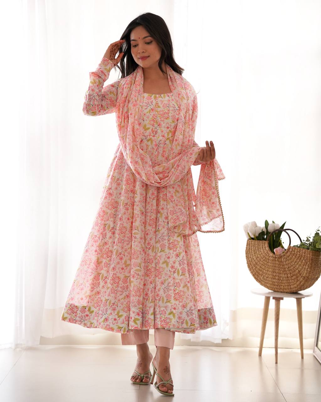 Designer Floral Chiffon Anarkali in Orange with Churidar Sleeves, Potli Buttons and Dupatta Set - Jaipuri Vastra