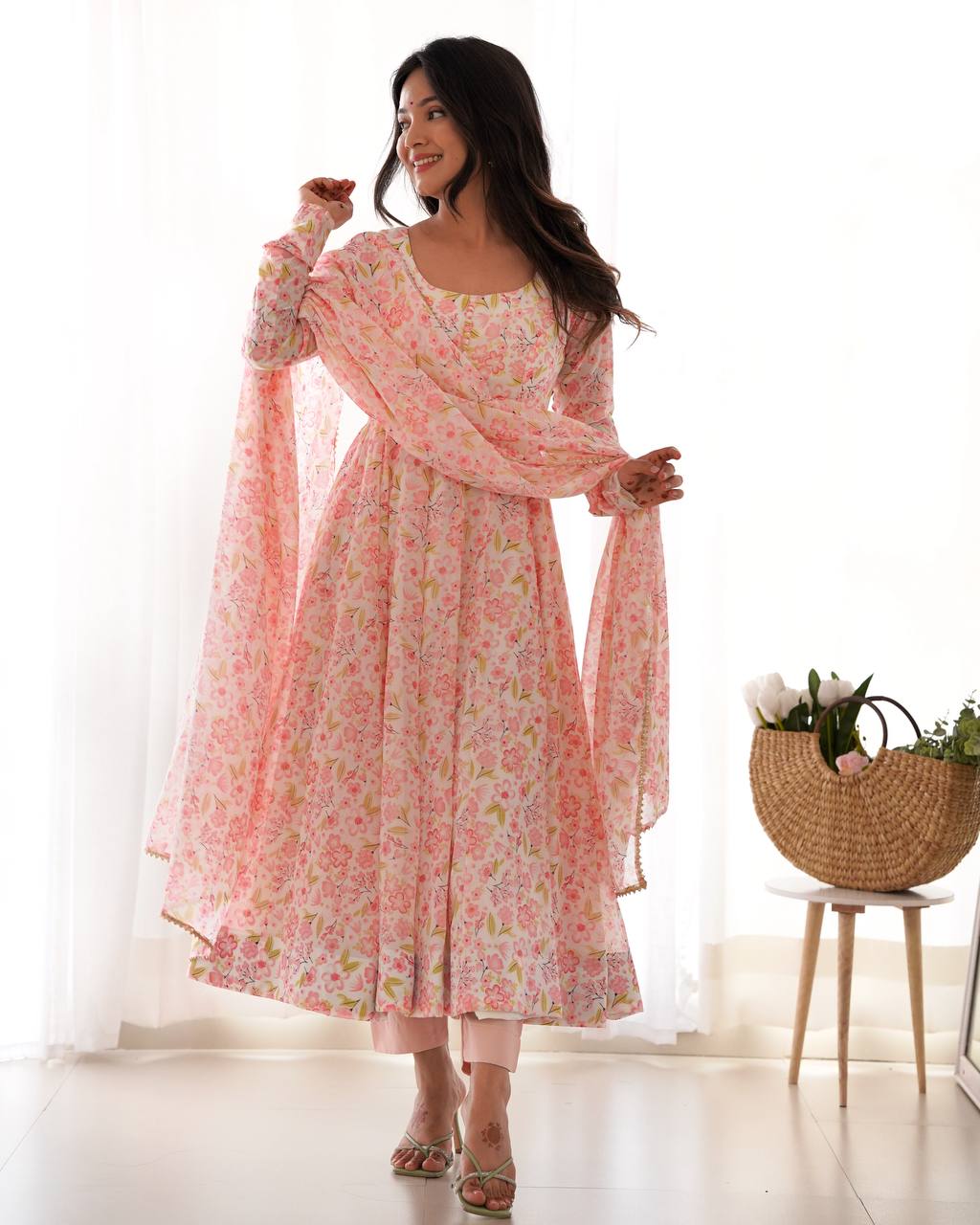 Designer Floral Chiffon Anarkali in Orange with Churidar Sleeves, Potli Buttons and Dupatta Set - Jaipuri Vastra