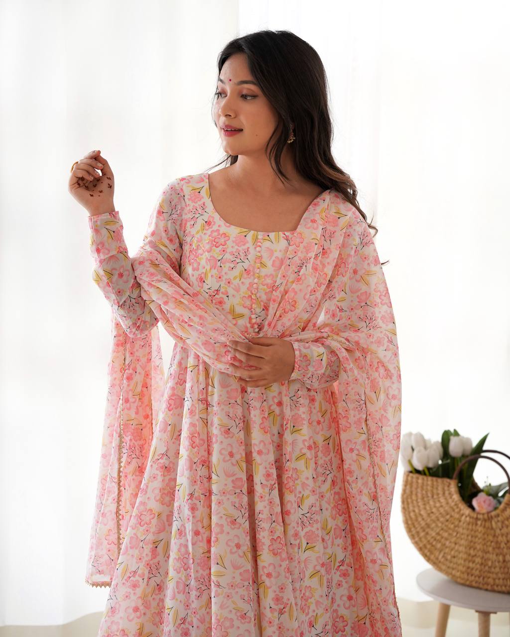Designer Floral Chiffon Anarkali in Orange with Churidar Sleeves, Potli Buttons and Dupatta Set - Jaipuri Vastra
