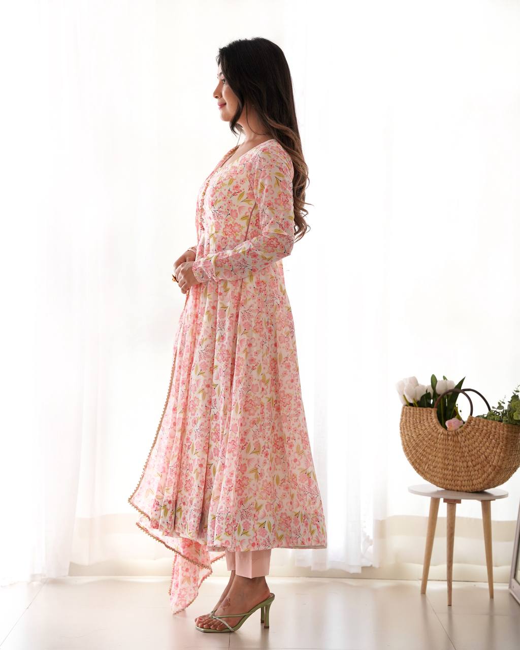 Designer Floral Chiffon Anarkali in Orange with Churidar Sleeves, Potli Buttons and Dupatta Set - Jaipuri Vastra