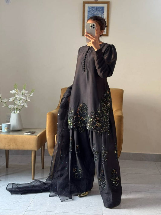 Black Ready to Wear Pure Natural Crepe Silk Suit with Embroidery and Sequence Work