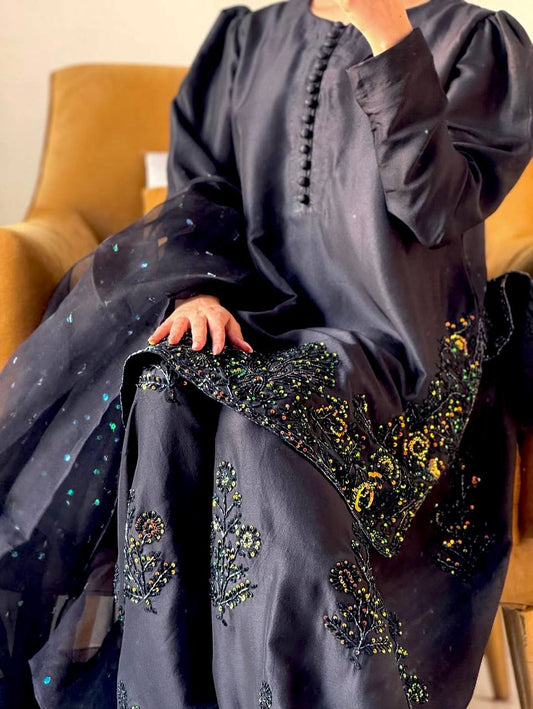 Black Ready to Wear Pure Natural Crepe Silk Suit with Embroidery and Sequence Work