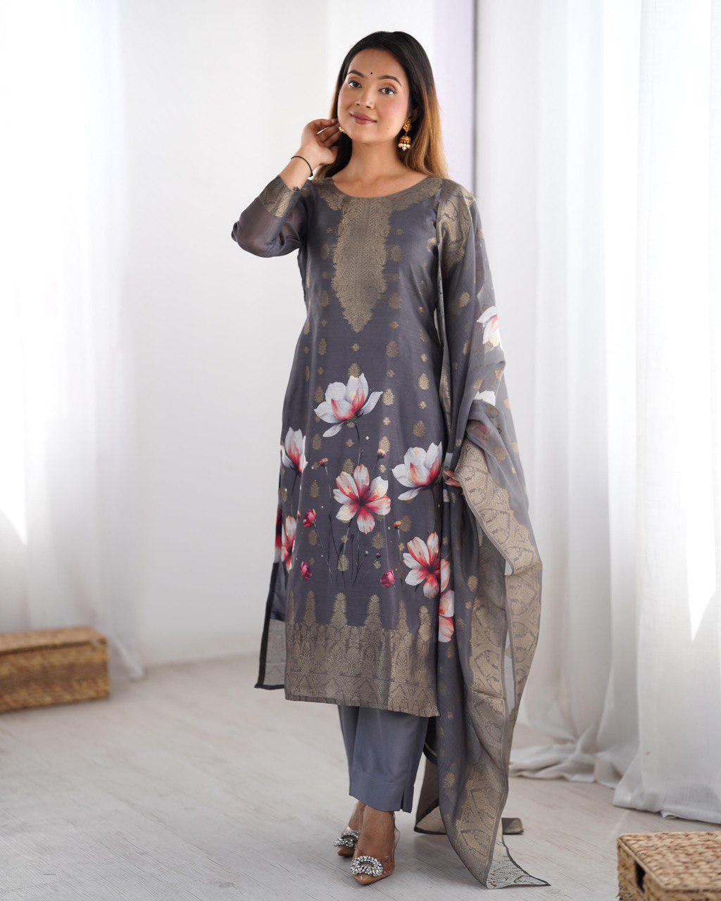 Premium Chanderi Silk Jacquard and Digital Print Suit Set with Pant and Dupatta - Jaipuri Vastra