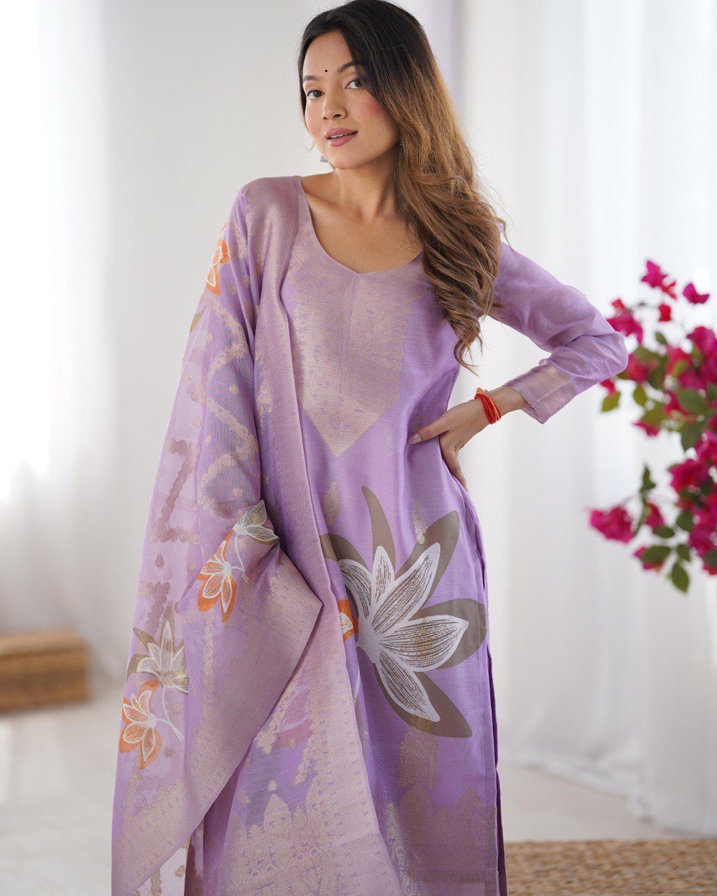 Premium Chanderi Silk Jacquard and Digital Print Suit Set with Pant and Dupatta - Jaipuri Vastra