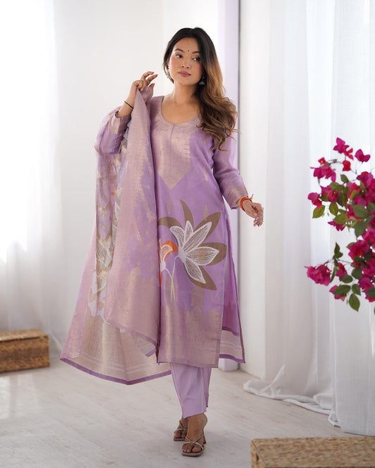 Premium Chanderi Silk Jacquard and Digital Print Suit Set with Pant and Dupatta - Jaipuri Vastra