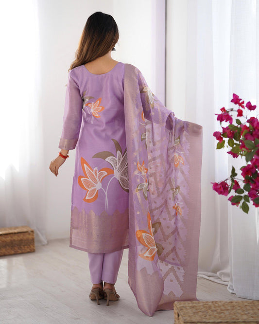 Premium Chanderi Silk Jacquard and Digital Print Suit Set with Pant and Dupatta - Jaipuri Vastra