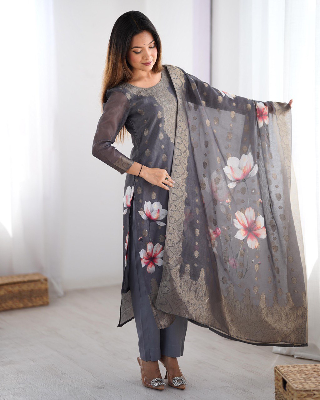 Premium Chanderi Silk Jacquard and Digital Print Suit Set with Pant and Dupatta - Jaipuri Vastra