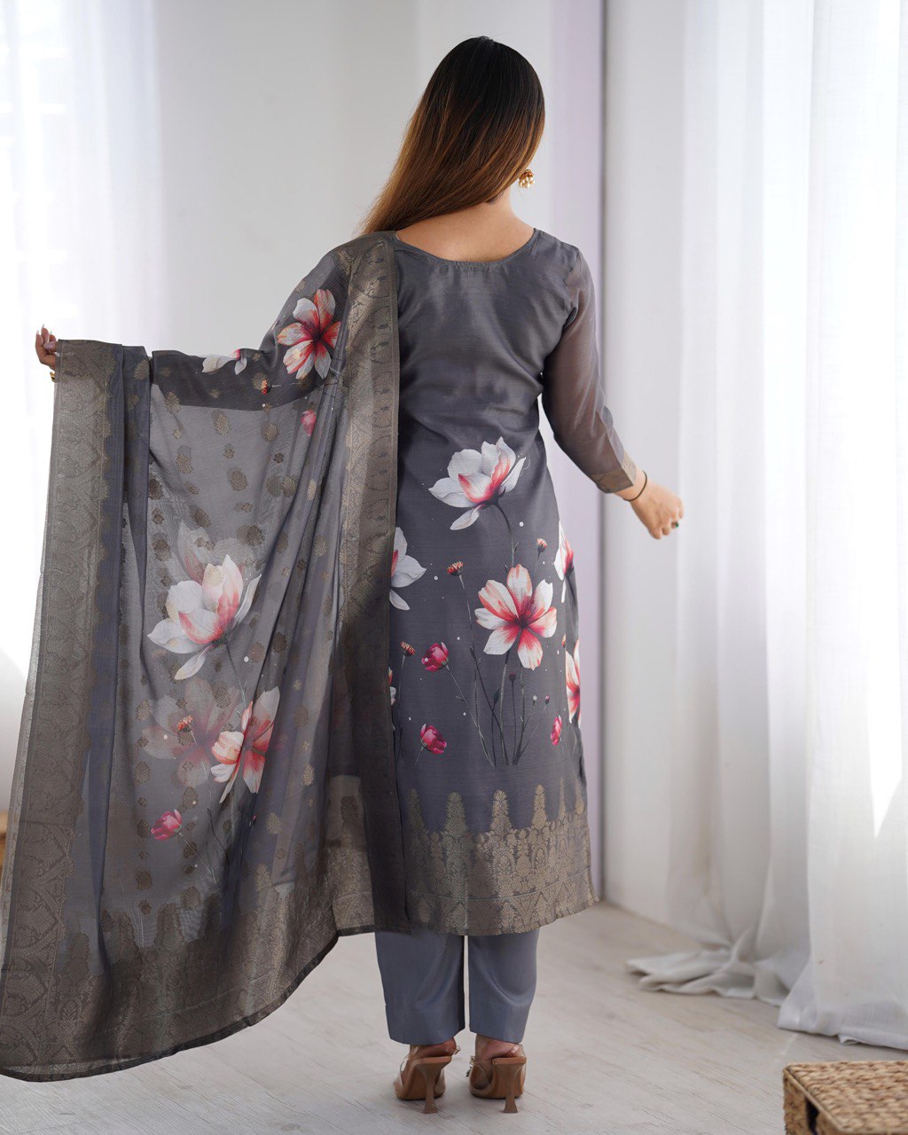 Premium Chanderi Silk Jacquard and Digital Print Suit Set with Pant and Dupatta - Jaipuri Vastra