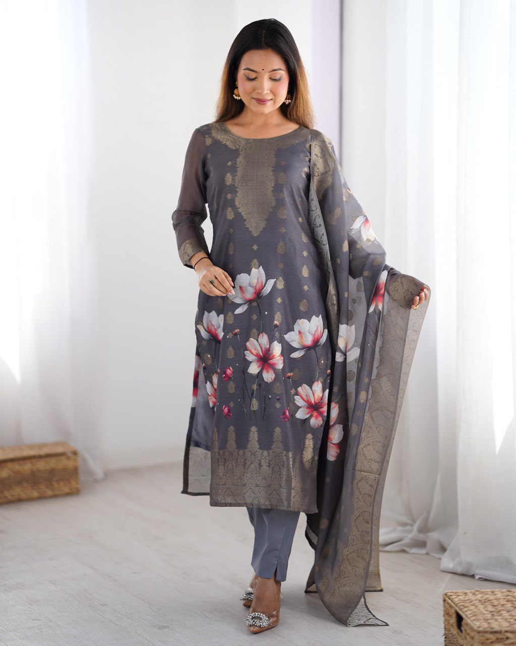 Premium Chanderi Silk Jacquard and Digital Print Suit Set with Pant and Dupatta - Jaipuri Vastra