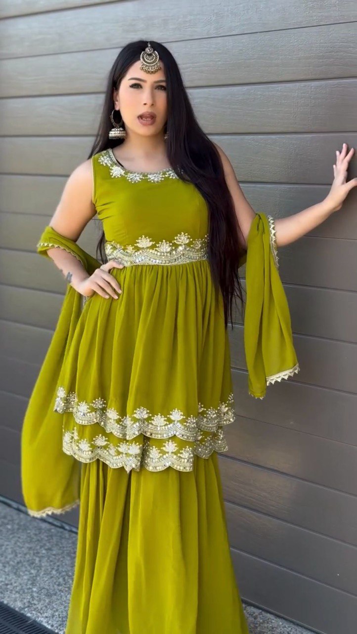 Lightweight Faux Georgette Palazzo Set in Olive Green with Matching Dupatta - Jaipuri Vastra