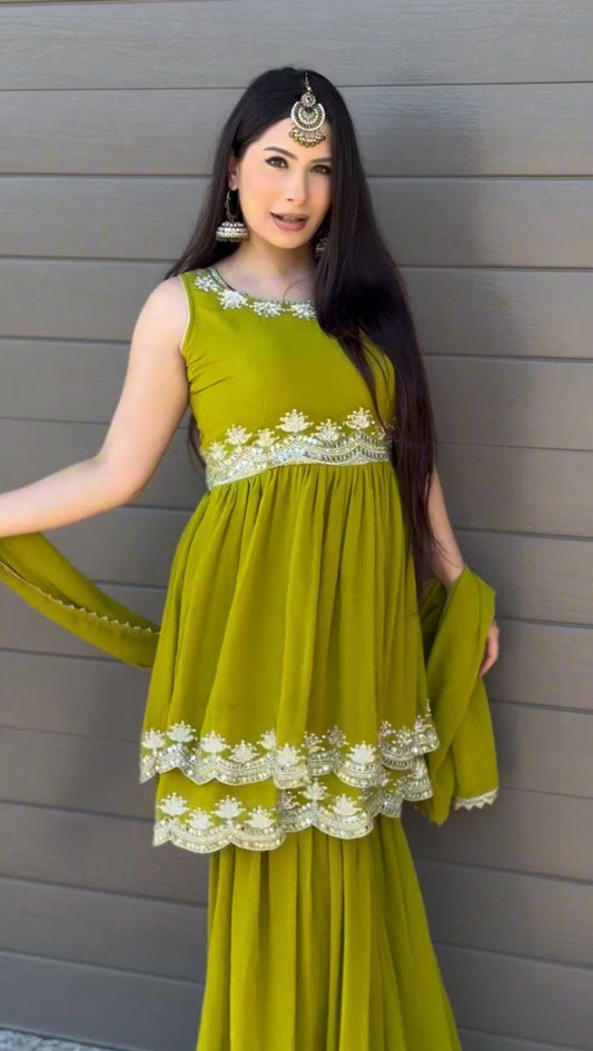 Lightweight Faux Georgette Palazzo Set in Olive Green with Matching Dupatta - Jaipuri Vastra