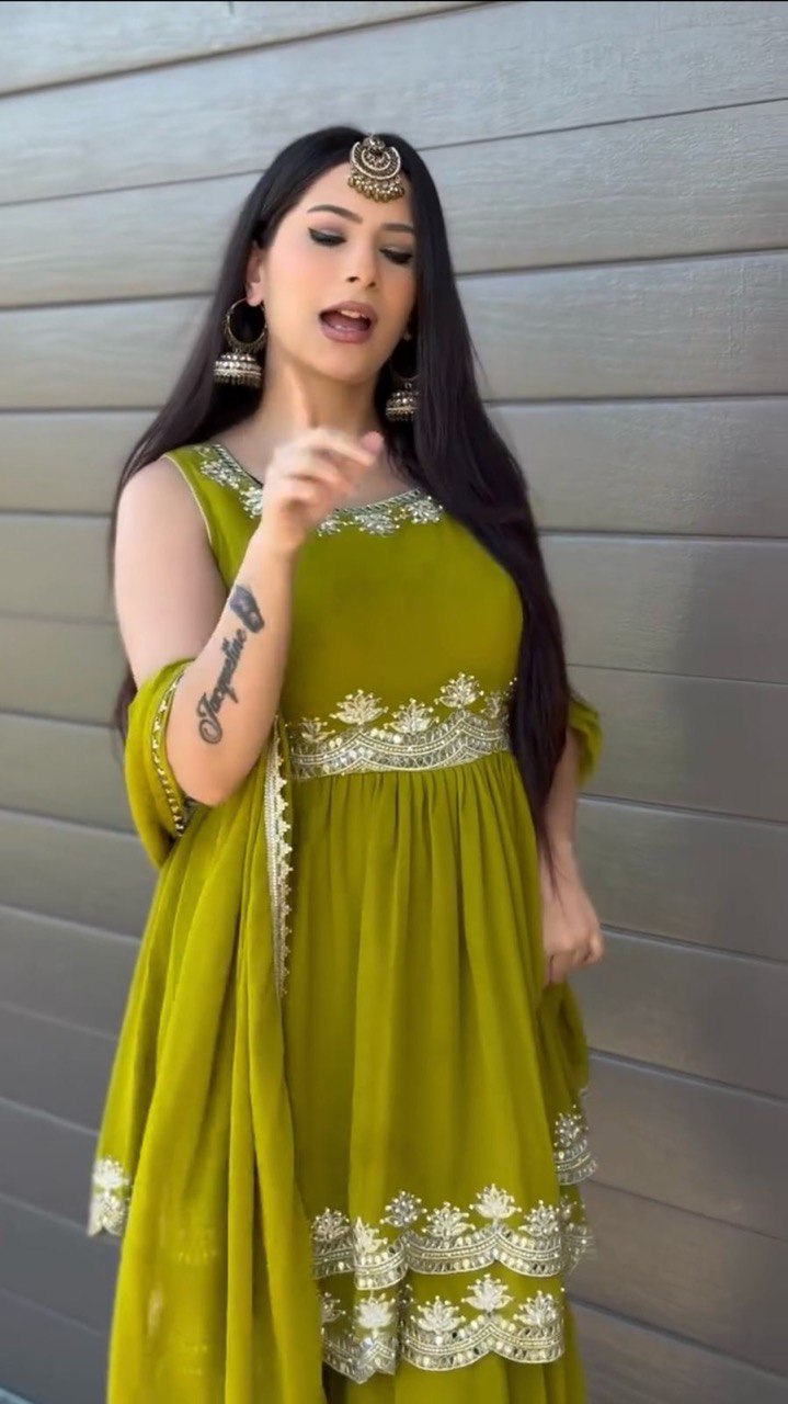 Lightweight Faux Georgette Palazzo Set in Olive Green with Matching Dupatta - Jaipuri Vastra