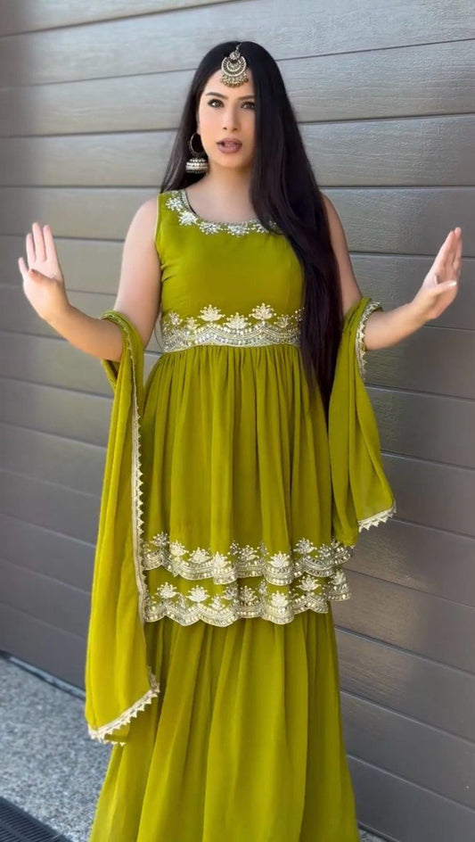 Lightweight Faux Georgette Palazzo Set in Olive Green with Matching Dupatta - Jaipuri Vastra