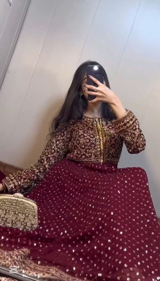 Beautiful Maroon Faux Georgette and Dupatta Ensemble for Festive Occasions - Jaipuri Vastra