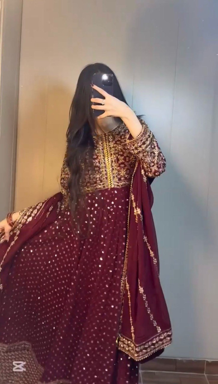 Beautiful Maroon Faux Georgette and Dupatta Ensemble for Festive Occasions - Jaipuri Vastra