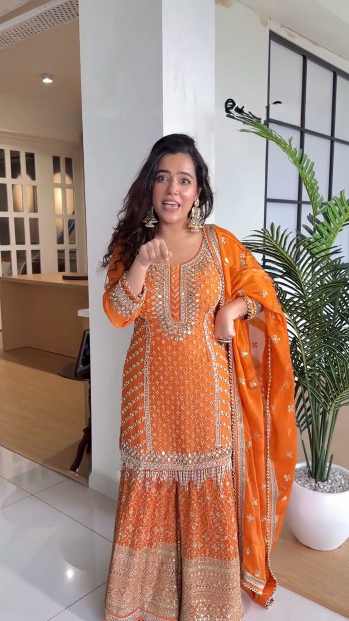 Stylish Orange Faux Georgette Sharara and Dupatta Ensemble for Festive Wear - Jaipuri Vastra