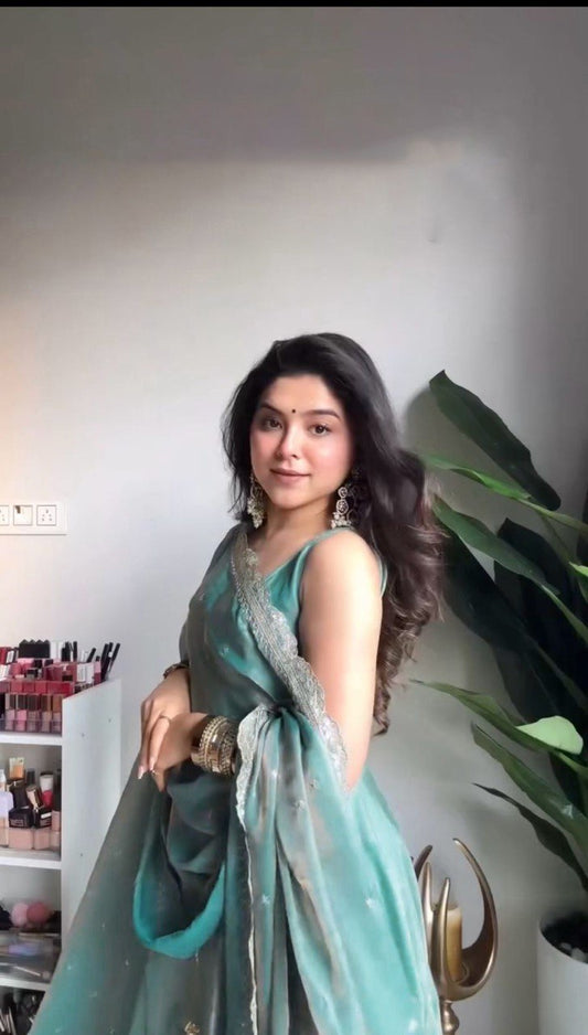 Graceful Blue Fandy Silk Gown Pant and Dupatta Set with Contemporary Style - Jaipuri Vastra