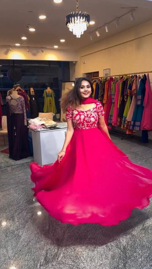 Designer Gown Set in Heavy Natural Crepe with Matching Pant and Dupatta - Jaipuri Vastra