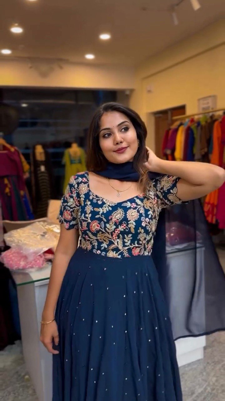 Designer Gown Set in Heavy Natural Crepe with Matching Pant and Dupatta - Jaipuri Vastra