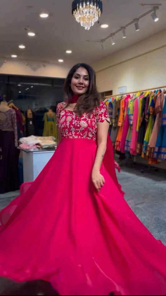 Designer Gown Set in Heavy Natural Crepe with Matching Pant and Dupatta - Jaipuri Vastra