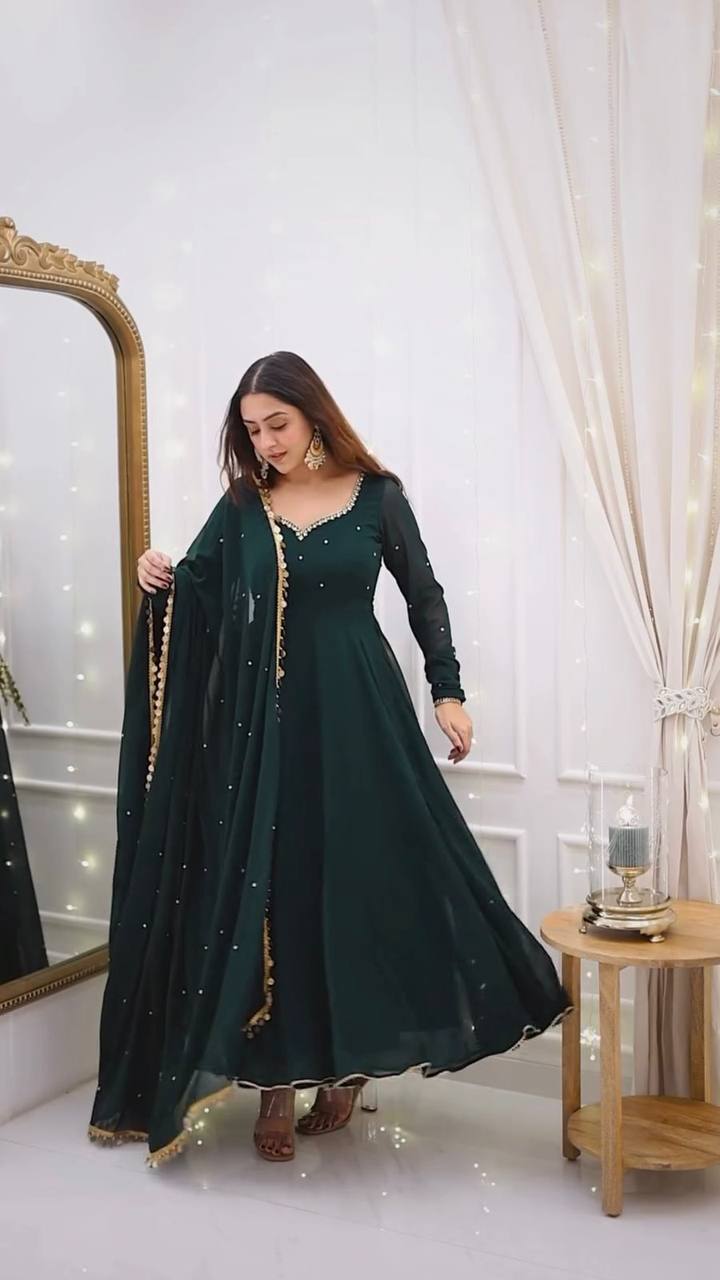 Stylish Dark Green Faux Georgette Top, Pant, and Dupatta Set with Handwork Lace Detail - Jaipuri Vastra
