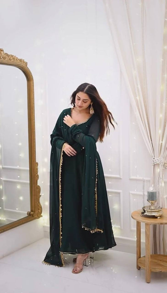 Stylish Dark Green Faux Georgette Top, Pant, and Dupatta Set with Handwork Lace Detail - Jaipuri Vastra