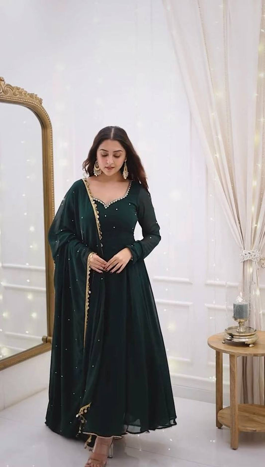 Stylish Dark Green Faux Georgette Top, Pant, and Dupatta Set with Handwork Lace Detail - Jaipuri Vastra