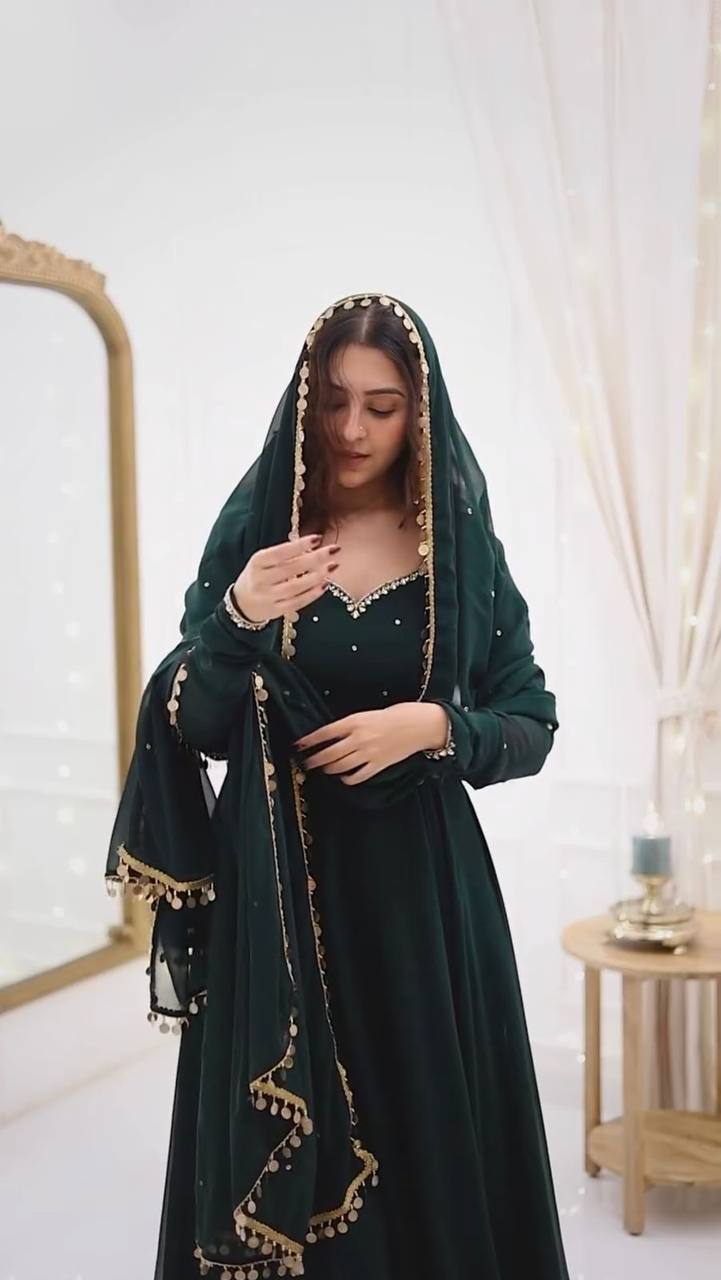 Stylish Dark Green Faux Georgette Top, Pant, and Dupatta Set with Handwork Lace Detail - Jaipuri Vastra