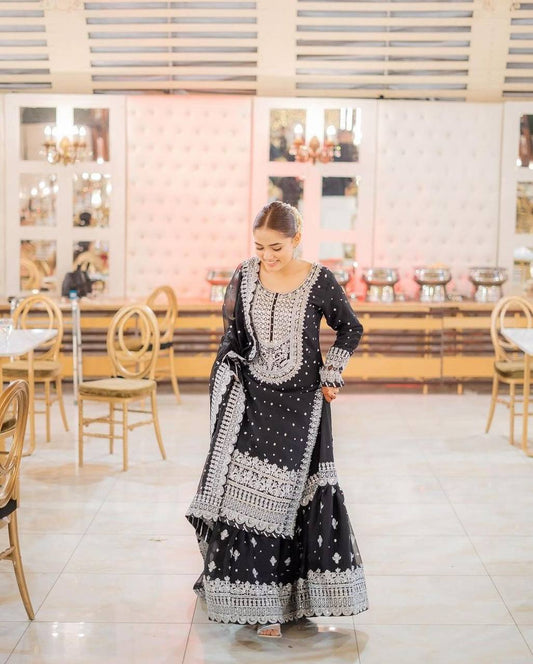 Stylish Black Faux Georgette Top with Lehenga and Dupatta Set for Special Occasions - Jaipuri Vastra