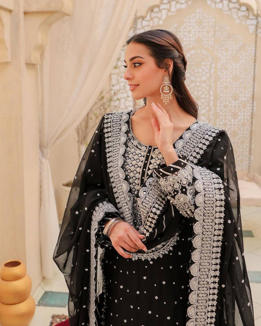 Stylish Black Faux Georgette Top with Lehenga and Dupatta Set for Special Occasions - Jaipuri Vastra